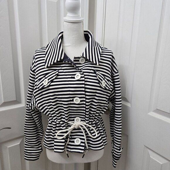 Cabi Harbor Jacket Small Stripes Knit navy White Button-Front Drawstring Waist - Picture 2 of 16